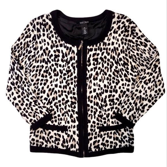 WHITE HOUSE BLACK MARKET Cheetah Zipper Sweater Cardigan 3/4 Sleeve SIZEXS - Picture 2 of 7